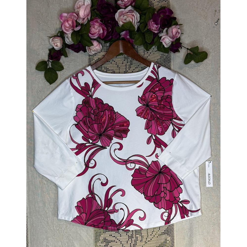 Chicos Shirt Womens 3XL White Pink Floral Kasbah 3/4 Sleeve Sequin Top New